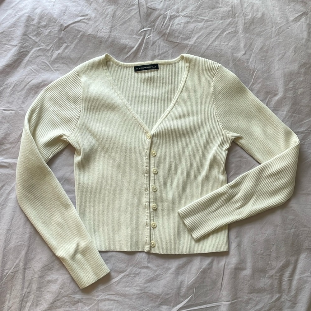 Brandy Melville White V-Neck Button Sweater